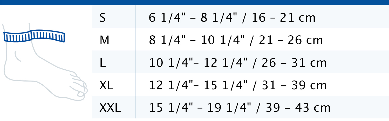 Størrelsesskjema som viser mål for Actimove Arthritis Care Ankelstøtte Størrelsesskjema som viser mål for Actimove Arthritis Care Ankelstøtte